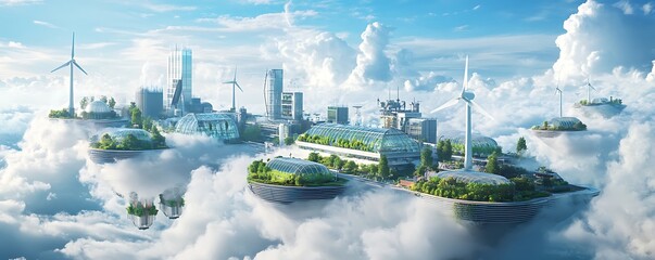 A futuristic city in the clouds with self-sustaining greenhouses and wind turbines on floating platforms