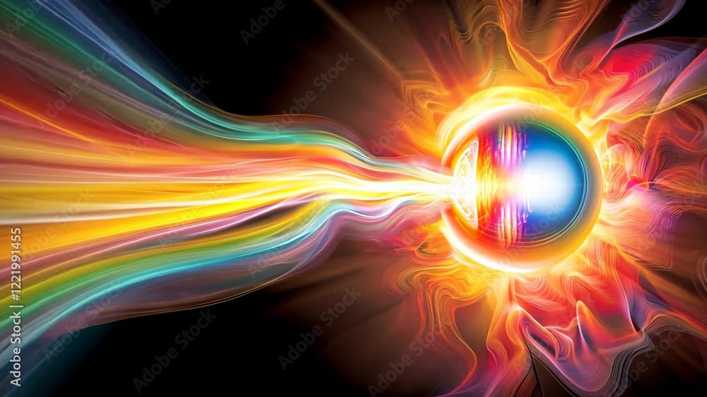 Poster vivid colors and dynamic energy emanate from a glowing sphere in a vibrant abstract design