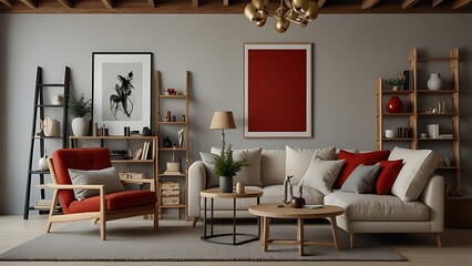 A large blue couch sits in front of a white wall with a large picture frame. The couch is surrounded by potted plants, including a tall one in the corner. The room has a modern and minimalist feel