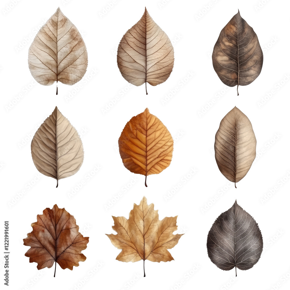 Aufkleber a collection of nine dried leaves showcasing a range of autumnal colors and diverse leaf structures 