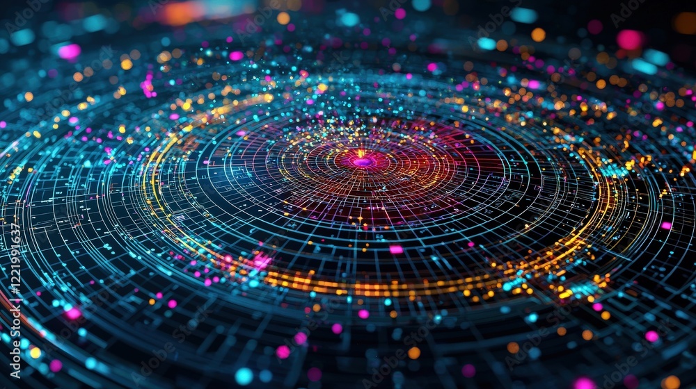 Poster circular sudoku grid forming into a vibrant abstract pattern in space
