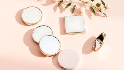 "Unbranded Compact Mirrors with Minimalist Shapes" &ndash; A mockup of unbranded compact mirrors in round and square shapes, displayed on a soft pastel surface with simple reflections.
