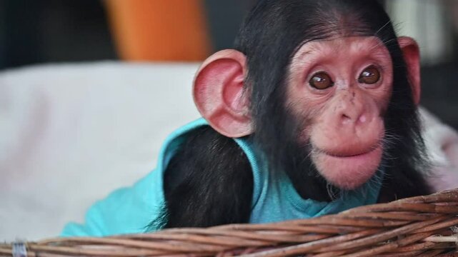 Adorable baby chimpanzee wearing a blue outfit, sitting in a wicker basket with big expressive eyes. Cute primate animal portrait perfect for wildlife, nature, and pet-themed content