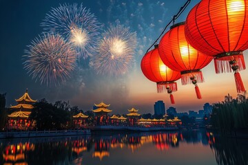 Obraz premium Festive Chinese lanterns and vibrant fireworks over a tranquil river at night, celebrating tradition and cultural beauty