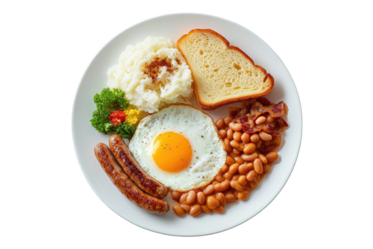 Fried eggs sausages baked beans and toast on white plate isolated on white or transparent, PNG