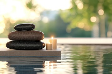 Relaxing Spa Massage with Stones, Towels, and Candles on a Natural Background