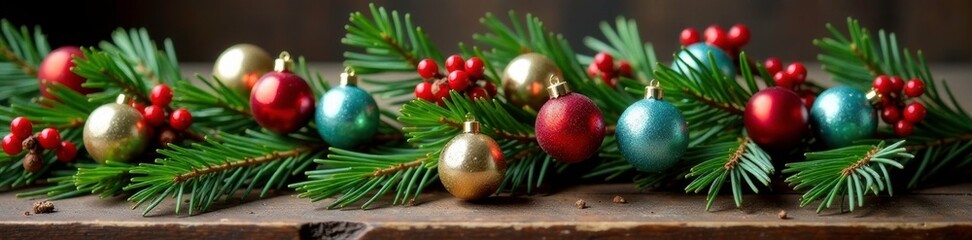 Pine branch arrangement with multicolored glass balls and berries on a rustic table, garland, ornamentation
