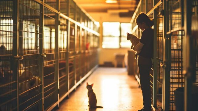 A person holds a cat while another sits nearby in a shelter. AI.