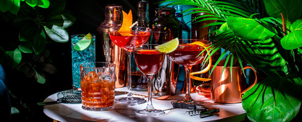 Summer alcoholic cocktail party with ready-made cocktails, bar tools and bottles of spirits on...