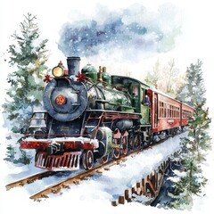 Obraz premium Snowy train journey through winter forest scenic landscape watercolor art peaceful atmosphere close-up view