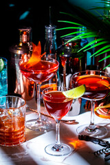 Summer alcoholic cocktail party with ready-made cocktails, bar tools and bottles of spirits on...
