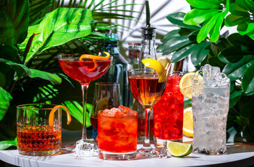 Summer alcoholic cocktail party with ready-made cocktails, bar tools and bottles of spirits on marble table with green plants