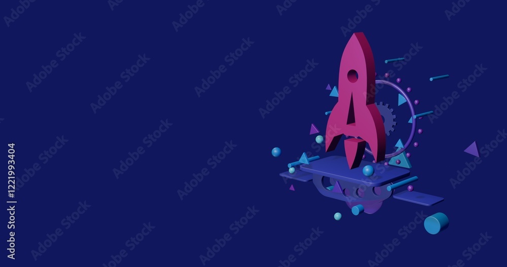 Aufkleber pink rocket on a pedestal of abstract geometric shapes floating in the air. abstract concept art wit