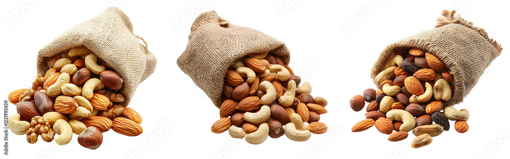 Poster collection of assorted nuts spilling from a rustic burlap bag isolated on a white or transparent bac