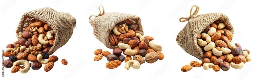 Poster collection of assorted nuts spilling from a rustic burlap bag isolated on a white or transparent bac