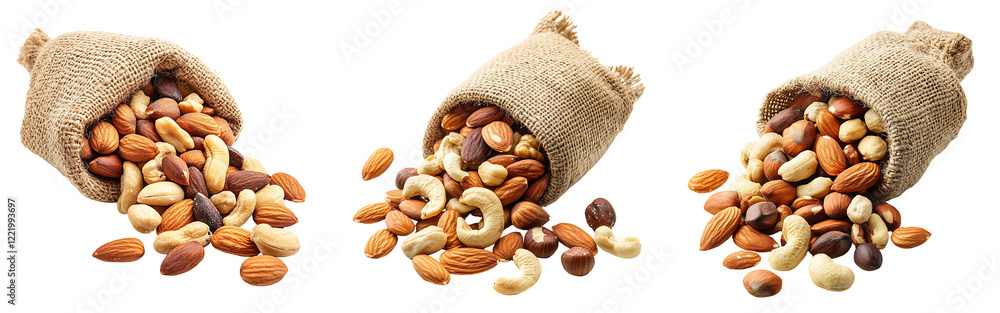 Poster collection of assorted nuts spilling from a rustic burlap bag isolated on a white or transparent bac