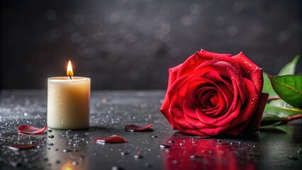 Fototapeta premium Romantic Still Life A Single Red Rose and Lit Candle on a Dark Reflective Surface