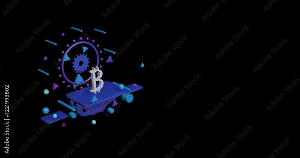 Poster white bitcoin symbol on a pedestal of abstract geometric shapes floating in the air. abstract concep