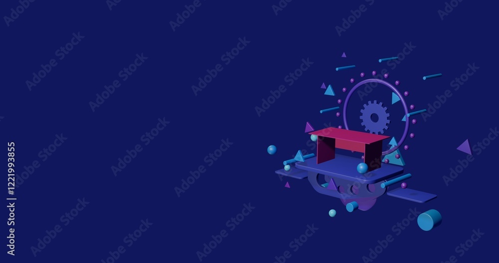 Poster pink table on a pedestal of abstract geometric shapes floating in the air. abstract concept art with