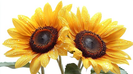 Naklejka premium Bright Yellow Sunflowers Drenched in Morning Dew
