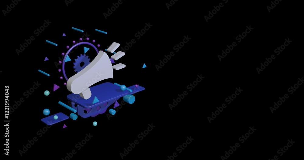 Poster white megaphone symbol on a pedestal of abstract geometric shapes floating in the air. abstract conc