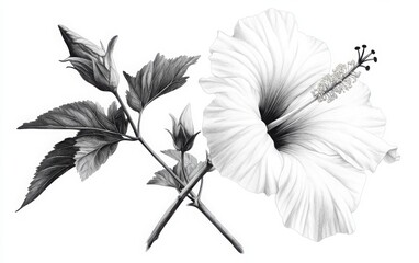 Fototapeta premium A monochrome vector illustration of a hibiscus flower and its stem, with the focus on the delicate veins of the petals and leaves
