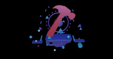 Obraz premium Red hammer symbol on a pedestal of abstract geometric shapes floating in the air. Abstract concept art with flying shapes in the center. 3d illustration on black background