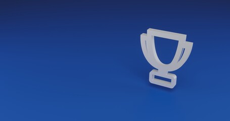 Isolated realistic white trophy symbol with shadow. Located on the right side of the scene. 3d illustration on transparent background