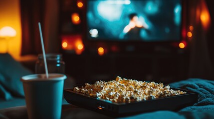 Movie Night Essentials: Popcorn, Drinks, and TV with Blurred Background