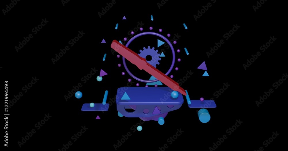 Poster red soldering iron symbol on a pedestal of abstract geometric shapes floating in the air. abstract c