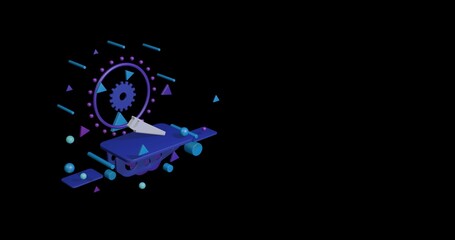 Fototapeta premium White hand saw symbol on a pedestal of abstract geometric shapes floating in the air. Abstract concept art with flying shapes on the left. 3d illustration on black background