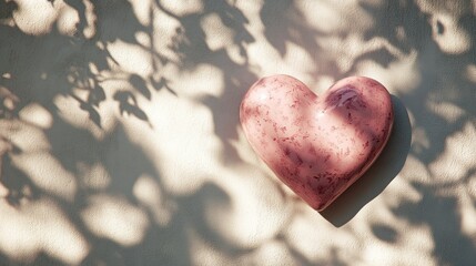 Fototapeta premium Pink heart, sunlit surface, leaf shadows, spring background, romance