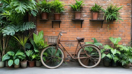 Rustic bicycle, brick wall, plants, courtyard, garden decor