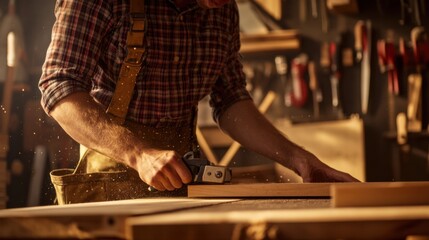 A carpenter in a plaid shirt and tool belt sawing a wooden plank on a workbench, with a backdrop of woodworking tools and sawdust, Carpentry workshop scene