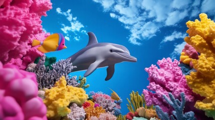 Obraz premium Colorful Underwater Scene with Dolphin Swimming Among Coral Reefs