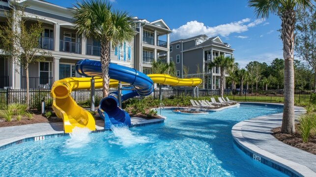 Resort pool slides, sunny day, luxury apartments, summer fun, vacation