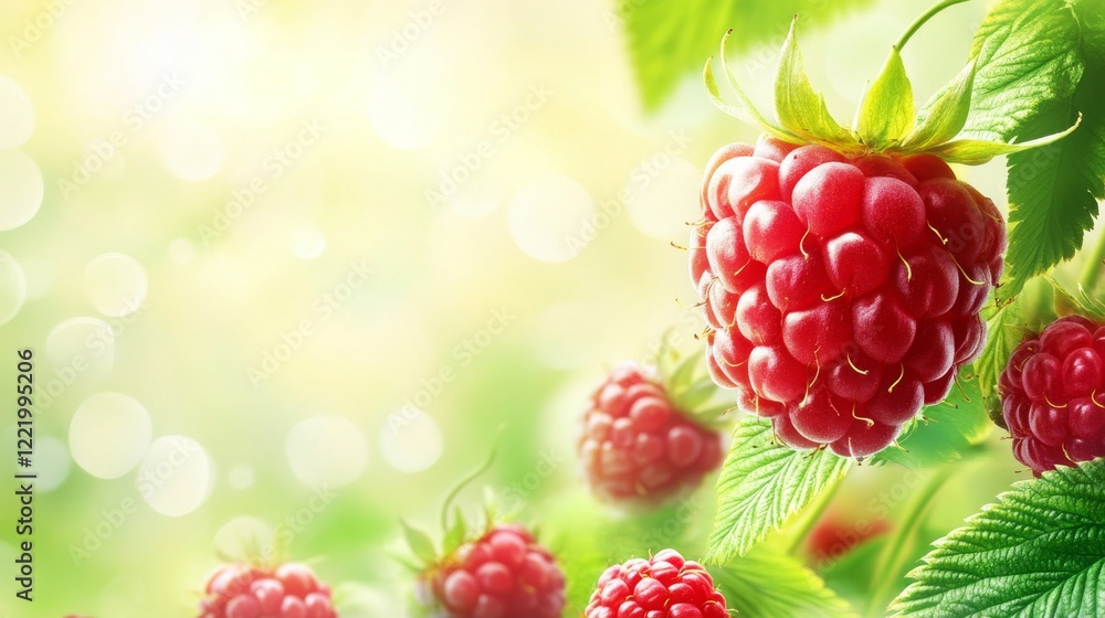 Poster large raspberry surrounded by smaller raspberries on green background