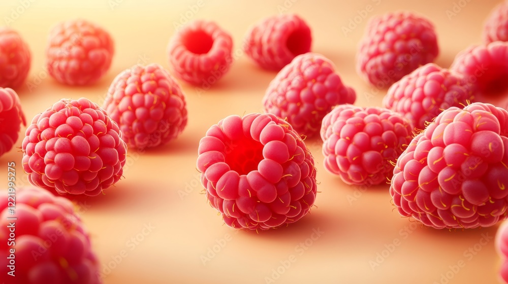 Poster realistic raspberries on light background with vibrant color pattern