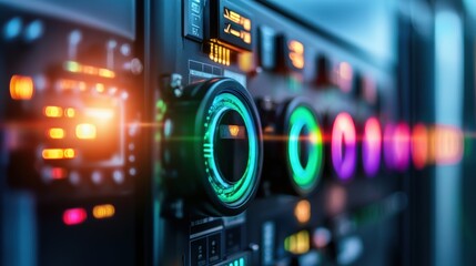 Obraz premium Close-up of green LED indicators on a renewable energy control panel, indicating optimal performance
