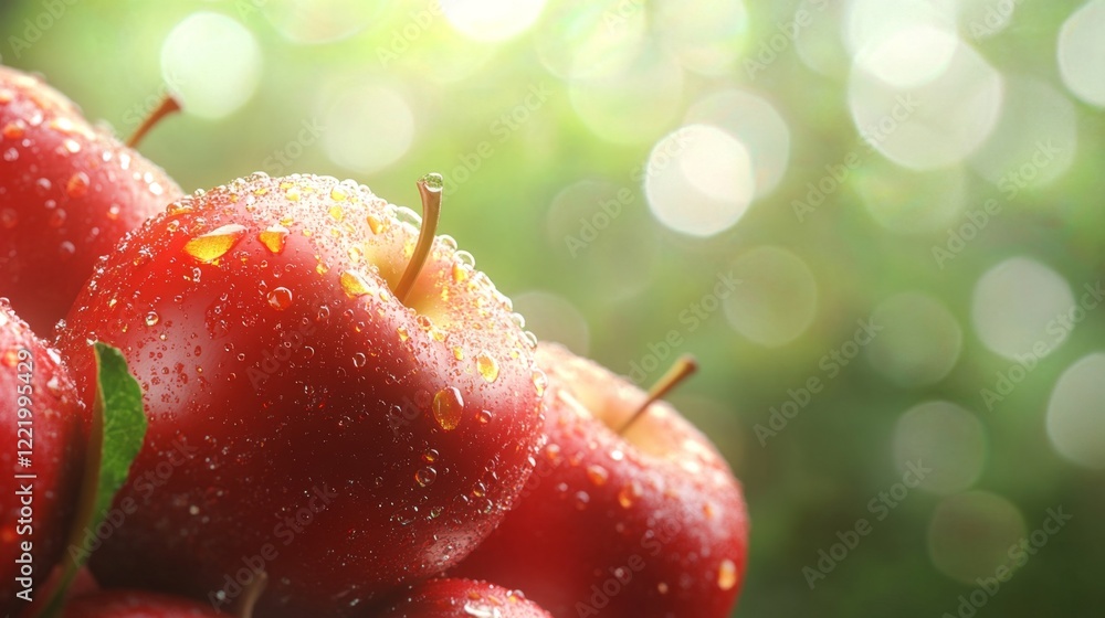 Poster close-up of juicy red apples with realistic droplets and bokeh effect