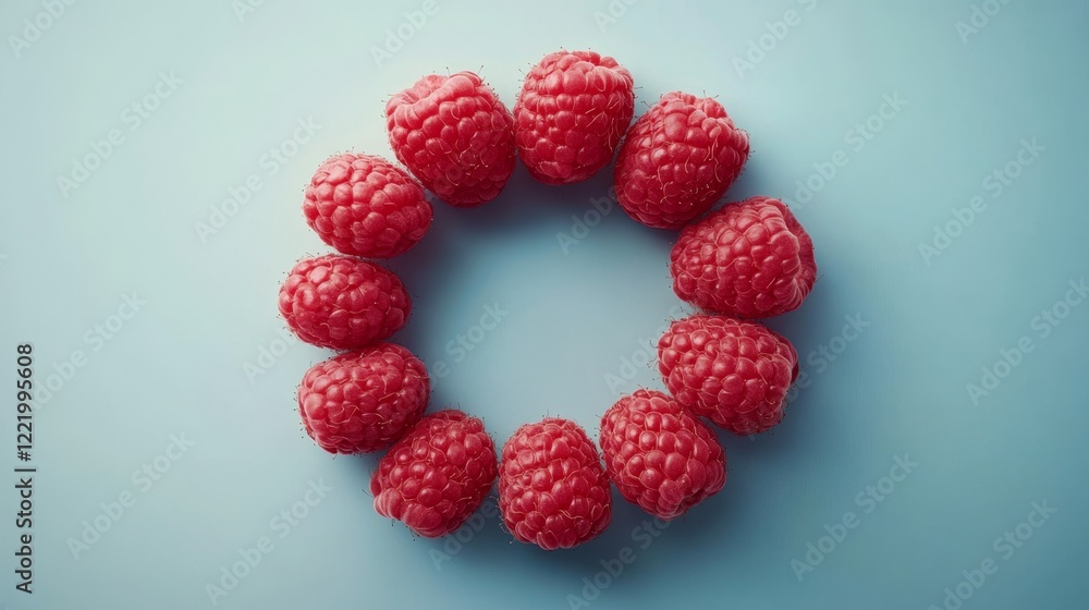 Poster juicy raspberries neatly arranged in circular pattern on surface