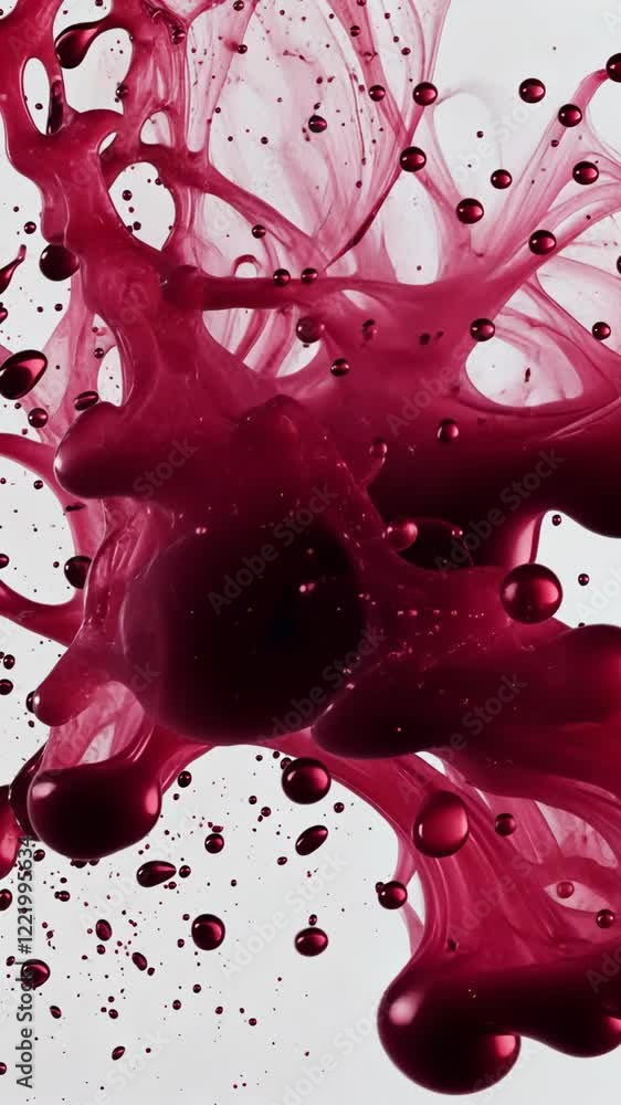 Poster rippling crimson liquid creates a mesmerizing abstract pattern with drops on a light background