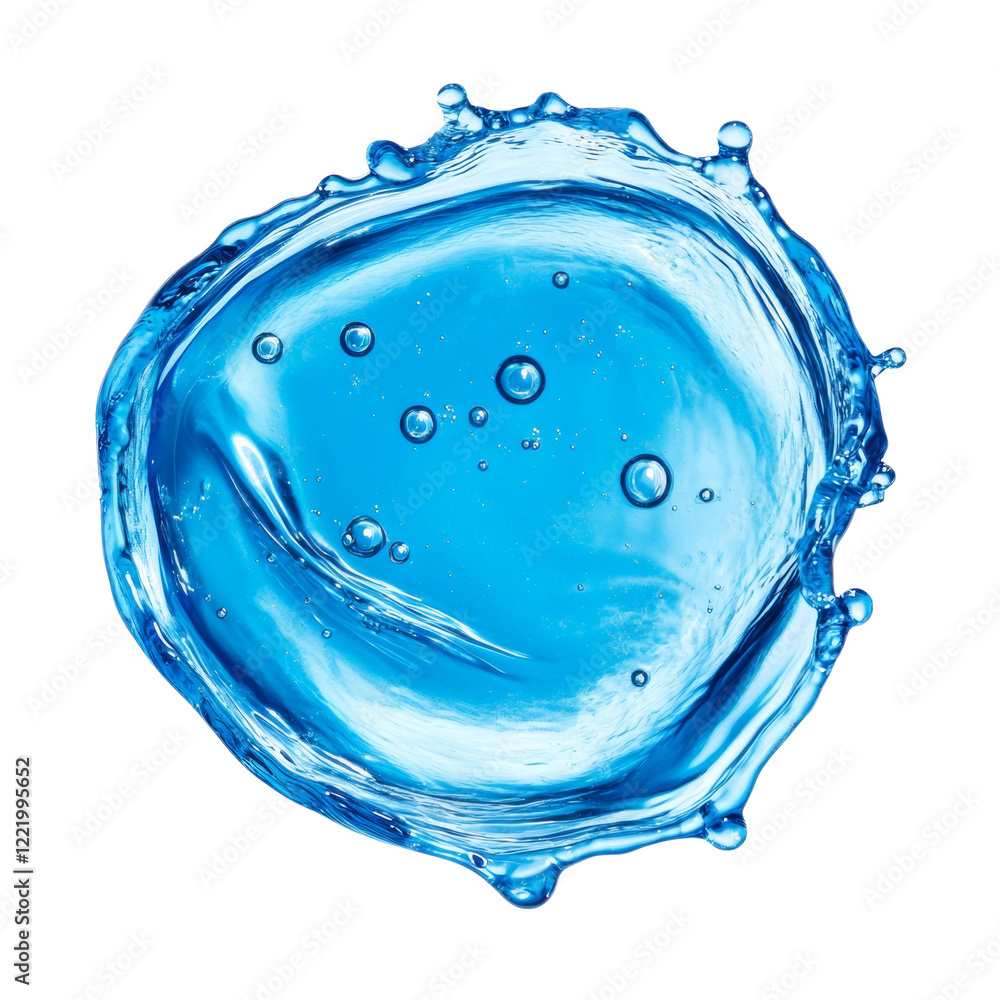 Poster the image shows a circular splash of vibrant blue water with several small air bubbles suspended wit