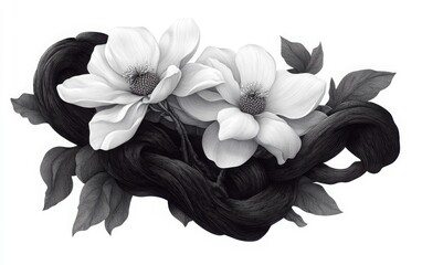 Fototapeta premium A monochrome vector illustration of two magnolia flowers in full bloom with detailed petals and intertwining branches, drawn in a vintage wood engraving style using pen and ink