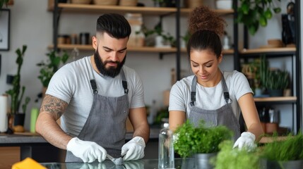 Couple cleaning glass dividers in a stylish dining area, teamwork and positivity