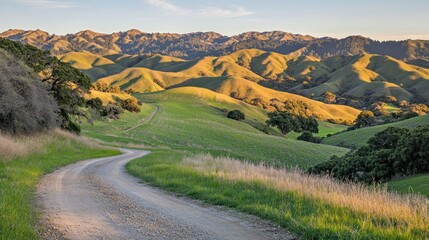 Naklejka premium Winding dirt road through sunlit rolling hills, golden hour landscape, travel brochure
