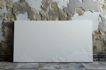 A white board leaning against a wall with peeling paint