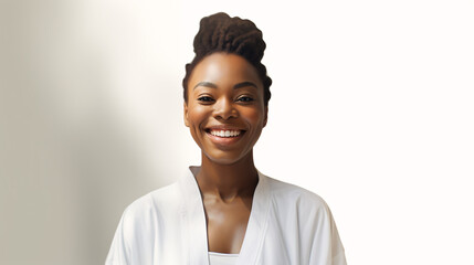 A realistic photo of a black woman in a white bathrobe, relaxing and feeling comfortable.