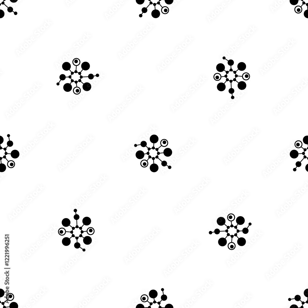 Wall mural Seamless pattern of repeated black molecule symbols. Elements are evenly spaced and some are rotated. Illustration on transparent background