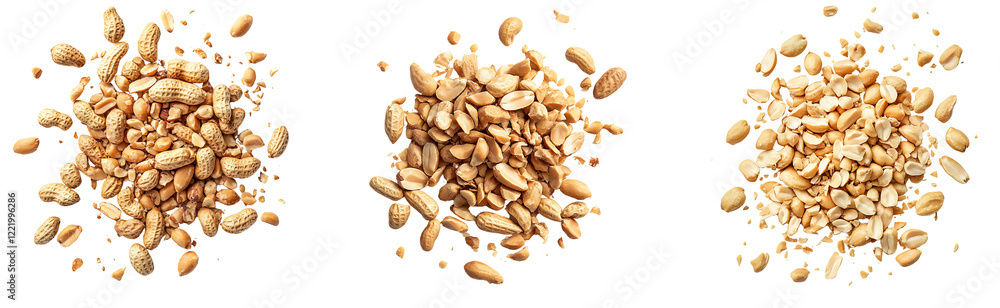 Poster set of neat pile of shelled peanuts with scattered crumbs presented in a natural and rustic style is